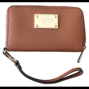 MK Brown saffiano wristlet